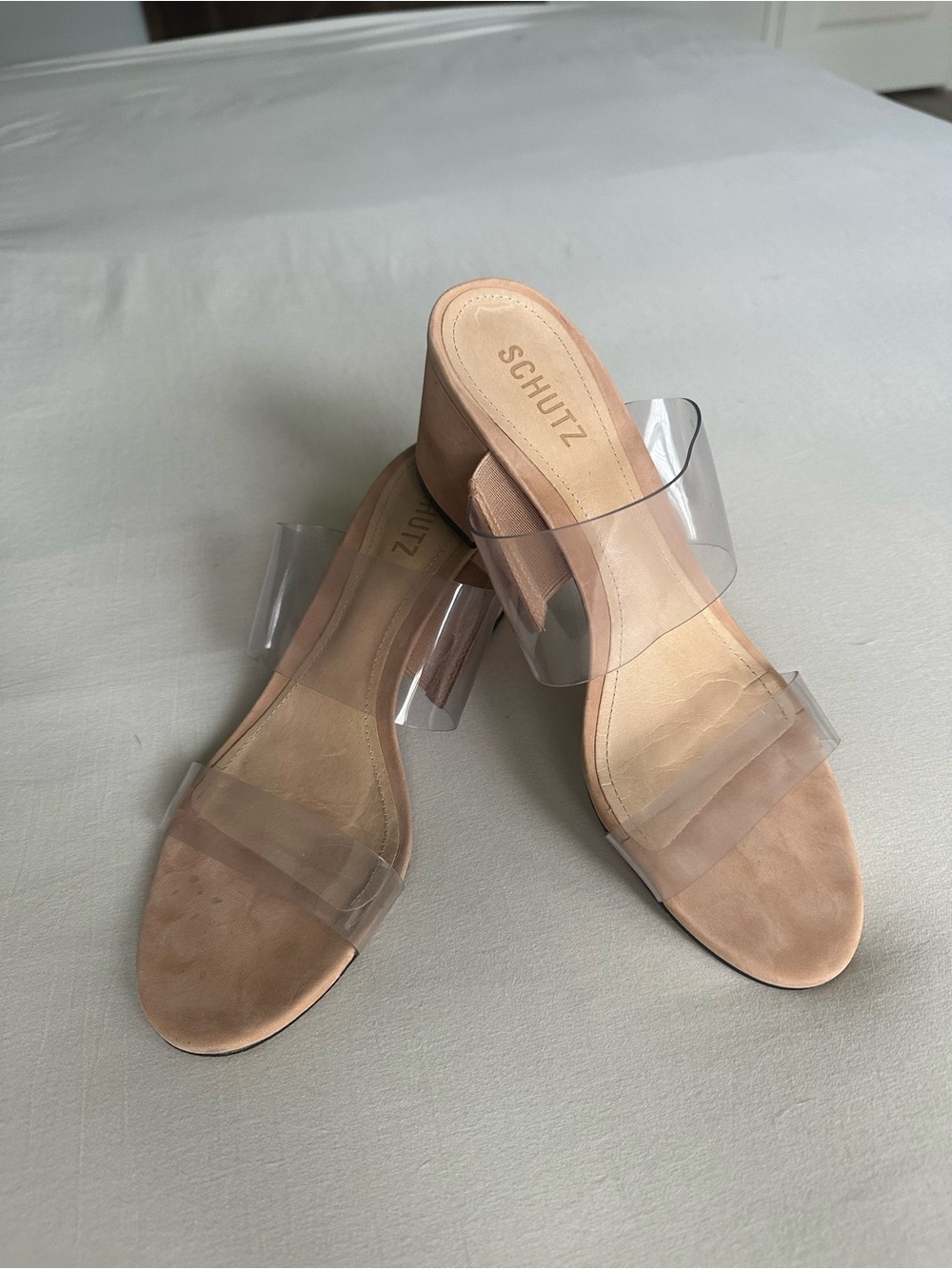 Schutz Victorie Clear Vinyl Double Strap Block Heel Mules Nude 9.5